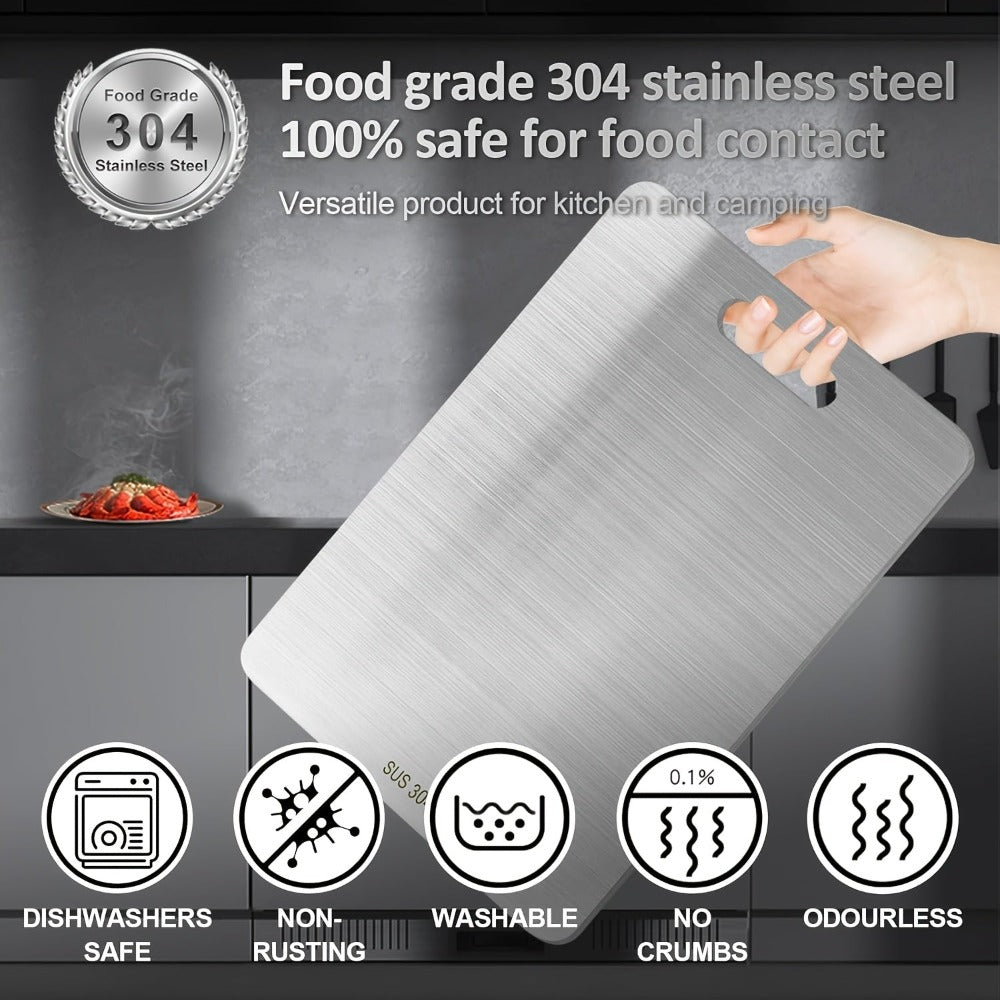 Juego de 3 tablas de cortar de acero inoxidable, diseño portátil, duraderas, fáciles de limpiar, pueden estar en contacto directo con alimentos, aptas para cortar frutas, verduras, carne y pan, varios tamaños para satisfacer necesidades diarias.