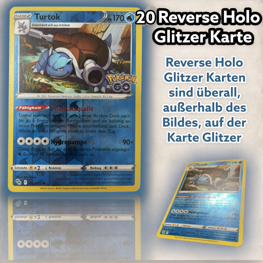 20 Cartas Originales de Pokémon Reverse Holo Brillante, Cartas Raras de Pokémon Alemanas Holográficas Reverse de Varios Conjuntos Actuales + Protección de Envío Heartforcards®