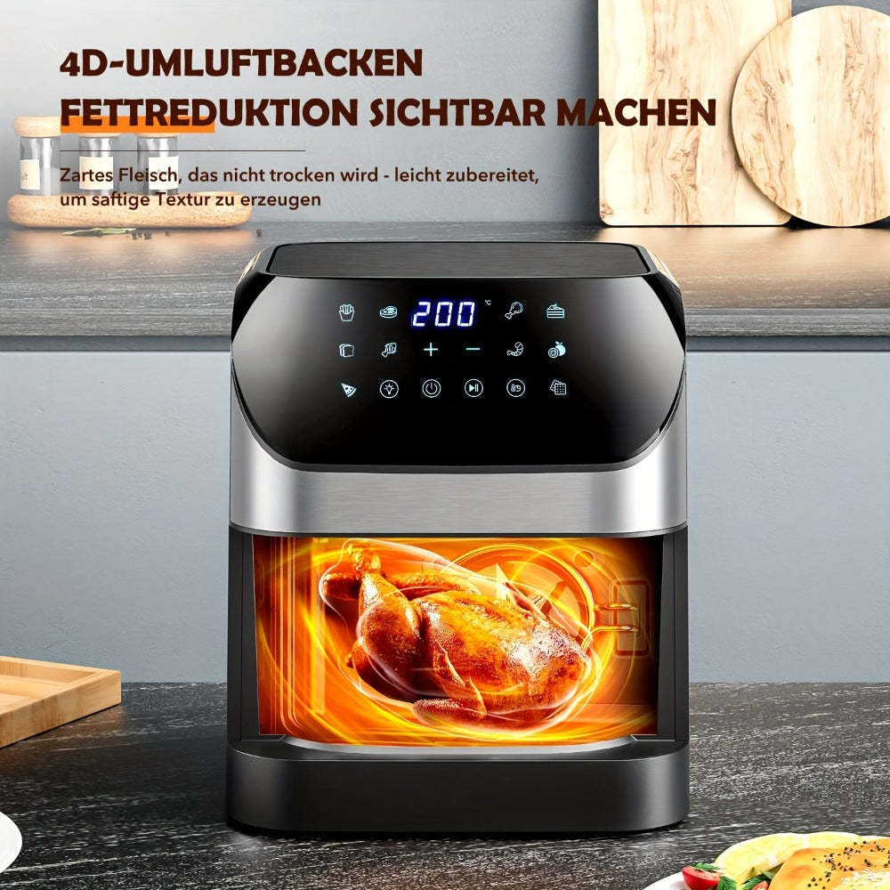 Freidora de Aire XXL de 8L con Ventana de Visualización, Freidora sin Aceite, Temperatura Ajustable 80°C-200°C, 10 Perfiles con un Toque, Control Digital, Cesta Antiadherente, Freidora de Aire Estilo Ninja
