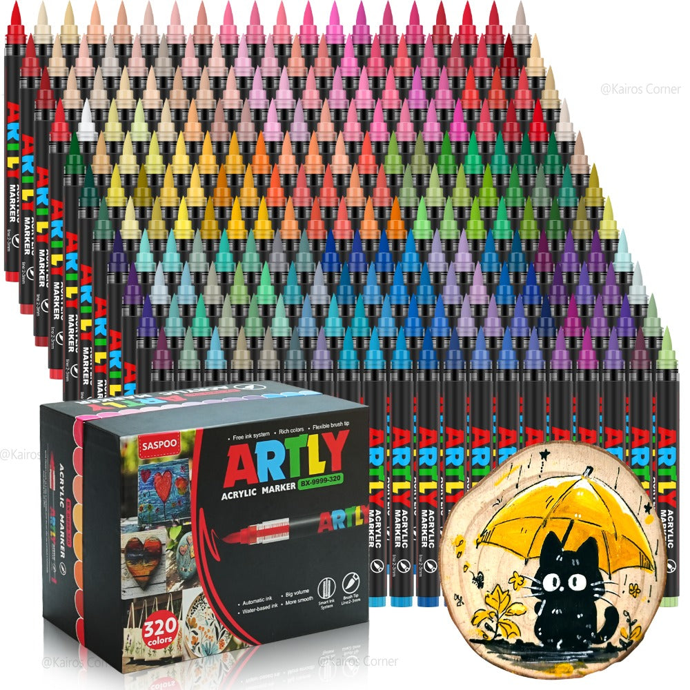 320 Piezas de Marcadores de Pintura Acrílica de Punta Suave y Rotuladores de Acuarela - Alta Calidad, No Tóxicos, Colores Vibrantes con Puntas Finas/Pincel para Manualidades DIY, Arte Anime, Pintura en Tela, Decoración de Cerámica