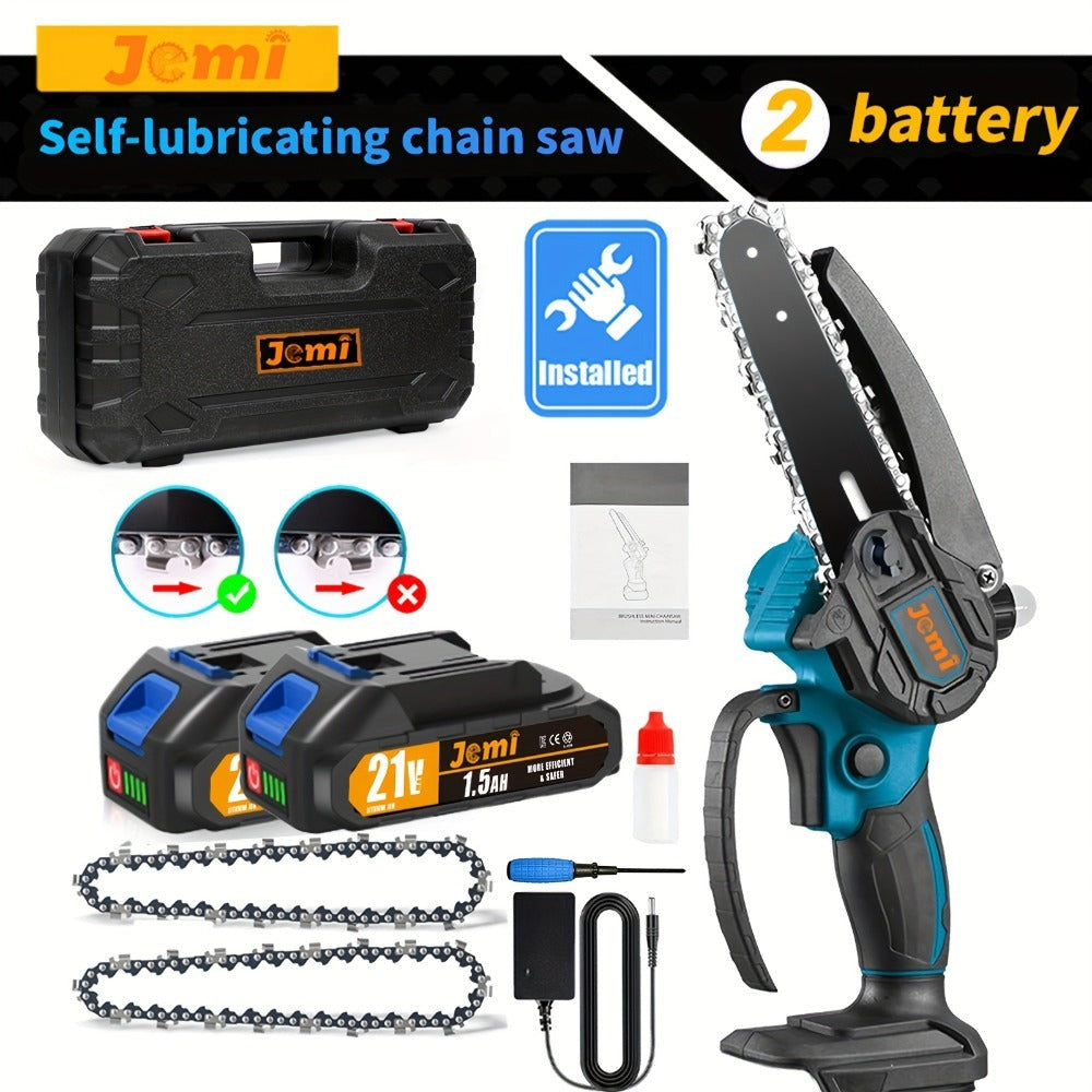 Motosierra Mini de 6 pulgadas Jemi Tool con Sistema de Lubricación Automática, Equipada con una Batería de 1/2 * 1.5Ah y una Cadena de 1/2, Ideal para Cortar Madera, Recortar Ramas y Podar Jardines