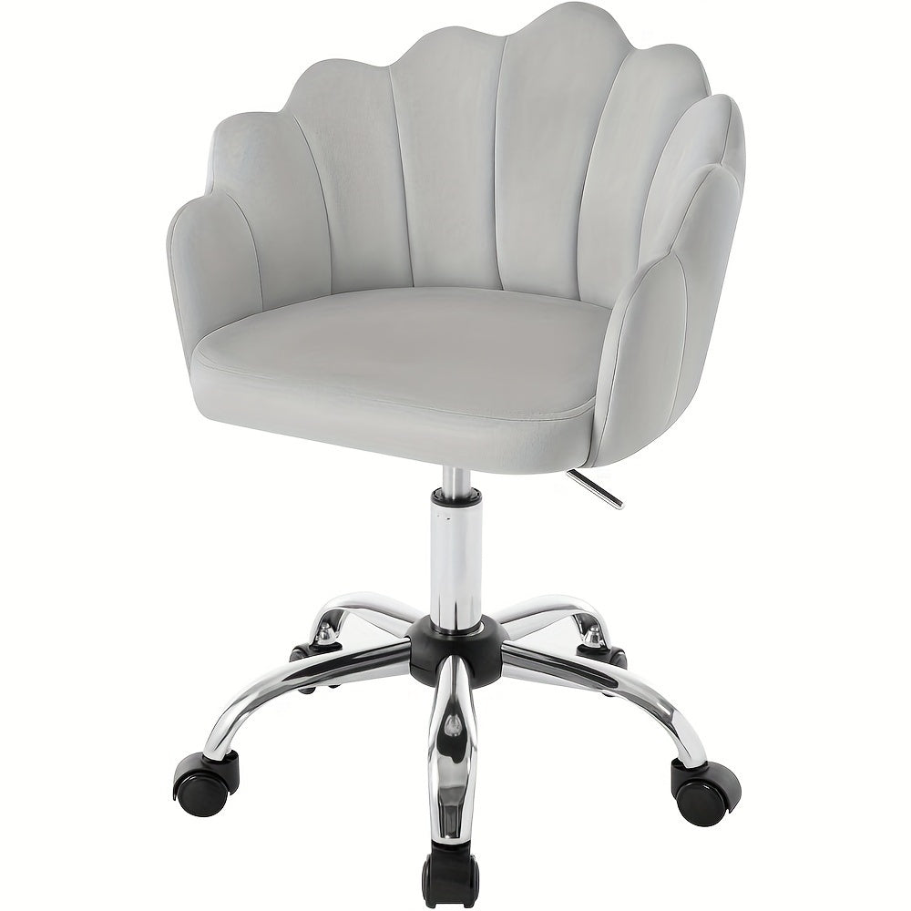 1 Silla de oficina para el hogar, Silla de escritorio, Silla de maquillaje, Silla de terciopelo con respaldo en forma de pétalo - Cómoda y hermosa, Silla giratoria con ruedas, Altura de silla ajustable, Base de metal, Fácil de montar