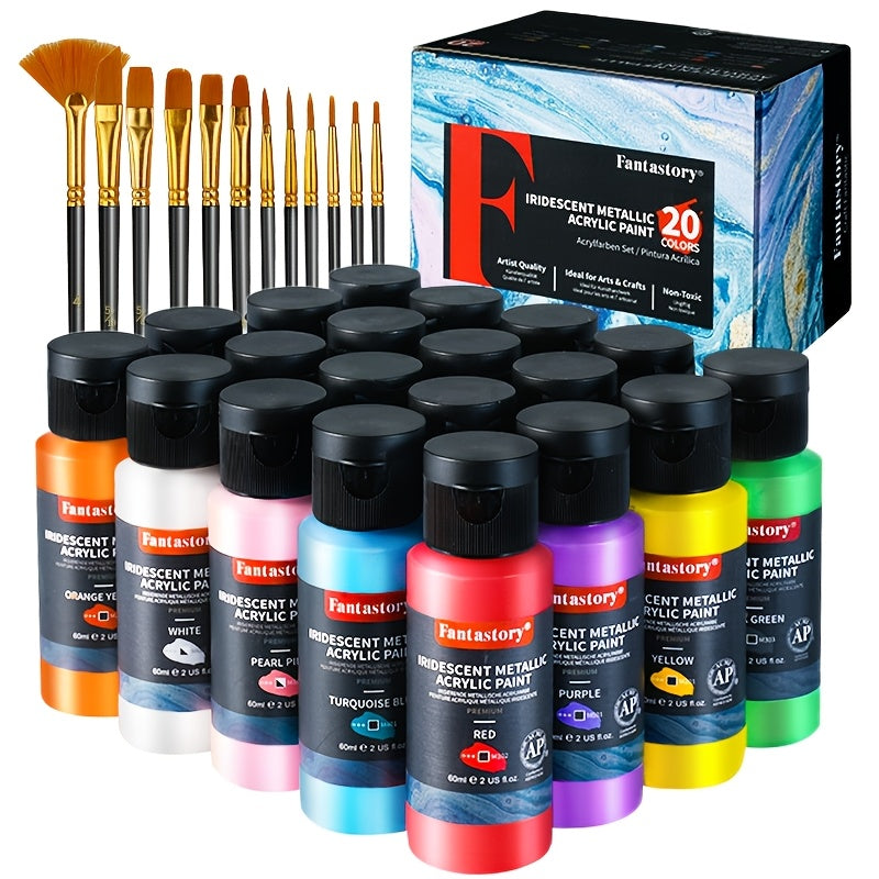 20 Piezas Set de Pintura Acrílica Metálica Perlada con 12 Pinceles, Kit de Pintura Brillante y Luminosa para Tarjetas de Fiestas, Decoración de Regalos, Proyectos de Arte para Adultos, Manualidades de Acción de Gracias, Creación de Tarjetas de Año Nuevo