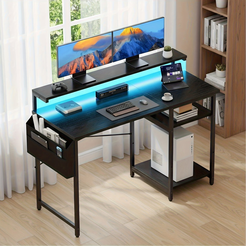 Escritorio FRODROVIA con Luz LED y Estante Ajustable en Altura, Escritorio para Oficina en Casa con Soporte para Monitor, Escritorio de Esquina con Bolsa de Almacenamiento Grande para Oficina en Casa, Estudio, Regalos de Navidad/Acción de Gracias
