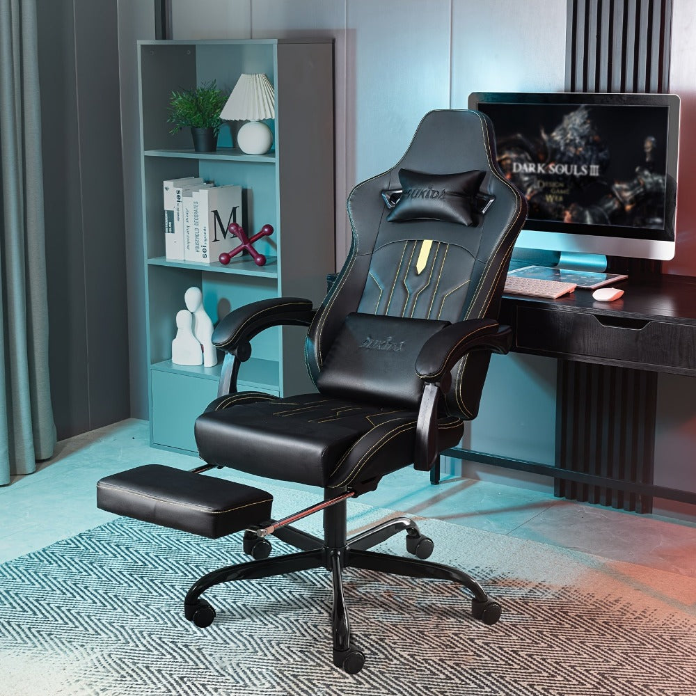 Silla de Juego y Oficina, Silla de Computadora con Reposapiés, Reposacabezas y Soporte Lumbar, Silla Ergonómica, Silla Giratoria y Ajustable en Altura, Opciones en Gris, Beige, , Marrón y Verde