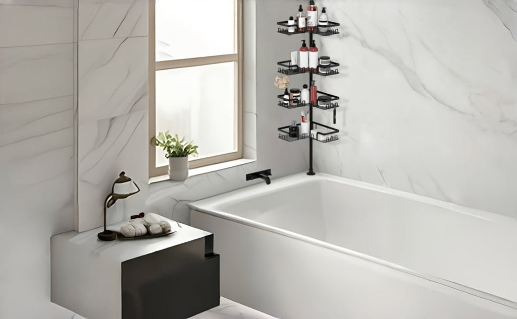 Estante de esquina para baño de 4 niveles a prueba de óxido, caja de almacenamiento para bañera para accesorios de champú, de pie ajustable, estante de almacenamiento para baño a prueba de óxido con barra de tensión, adecuado para artículos esenciales de