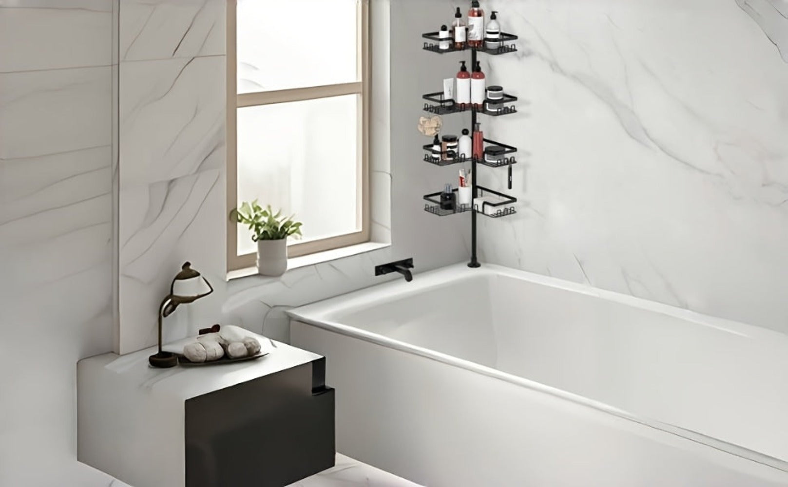 Estante de esquina para baño de 4 niveles a prueba de óxido, caja de almacenamiento para bañera para accesorios de champú, de pie ajustable, estante de almacenamiento para baño a prueba de óxido con barra de tensión, adecuado para artículos esenciales de
