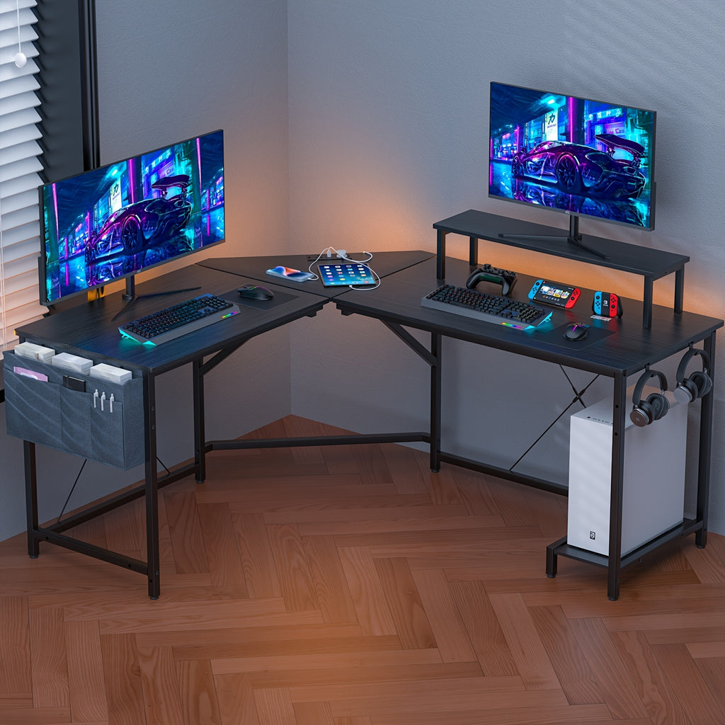 Escritorios | Mesa de ordenador para juegos en la esquina, mesa para jugadores de 135 cm x 55 x 74 cm en forma de L con soporte para pantalla