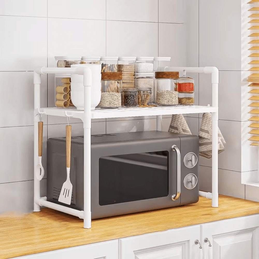 2/3 Niveles Soporte para microondas para encimera, Rejilla Para Horno Microondas Metal, Soporte Para Microondas Y Horno Cocina Con 4/8 Ganchos, Tiendas de condimentos, Adecuado para cocinas (Blanco / Negro)