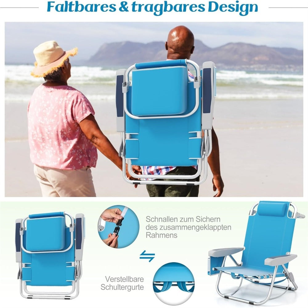 Silla de playa plegable, ligera, silla de camping con respaldo ajustable, reposacabezas, bolsillos laterales, correas para los hombros, soporte para toalla y reposabrazos, silla plegable, silla para exteriores (Azul)