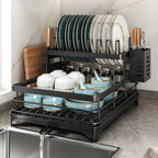 1pc Organizador de Platos de Metal - Organizador de Encimera de Cocina Ahorrador de Espacio con Escurridor, Soporte para Utensilios y Ganchos para Tazas, Estante Plegable de Dos Niveles para Platos, Tazones, Cubiertos - Ideal para Cocinas Domésticas y Com