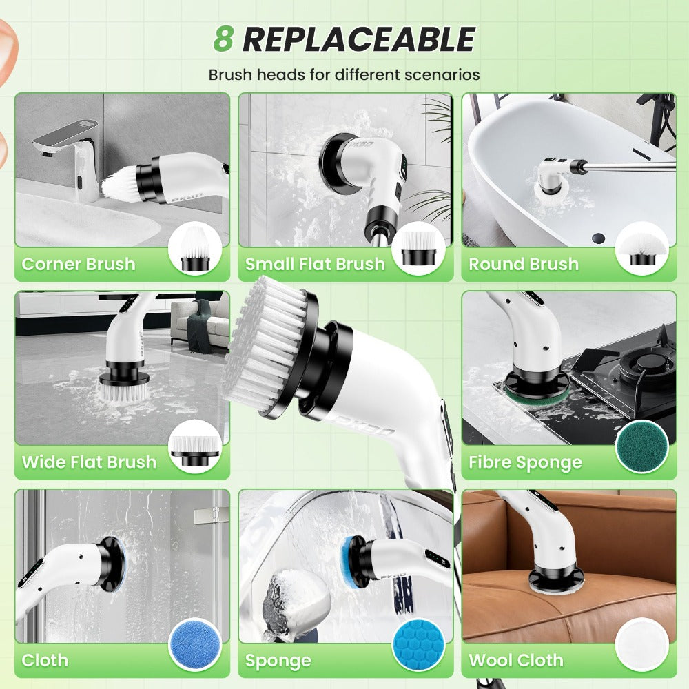 Cepillo de limpieza 9 en 1, cepillo de limpieza eléctrico recargable potente con pantalla digital, mejora de 2026, 3 velocidades ajustables, mango de extensión retráctil, más de 90 minutos de tiempo de funcionamiento, limpiador eléctrico potente para baño