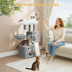 Un árbol para gatos compacto que mide 98 cm, con un diseño amplio y resistente, una gran plataforma suave, una pelota de felpa, una cueva acogedora, un rascador y una tabla rascadora