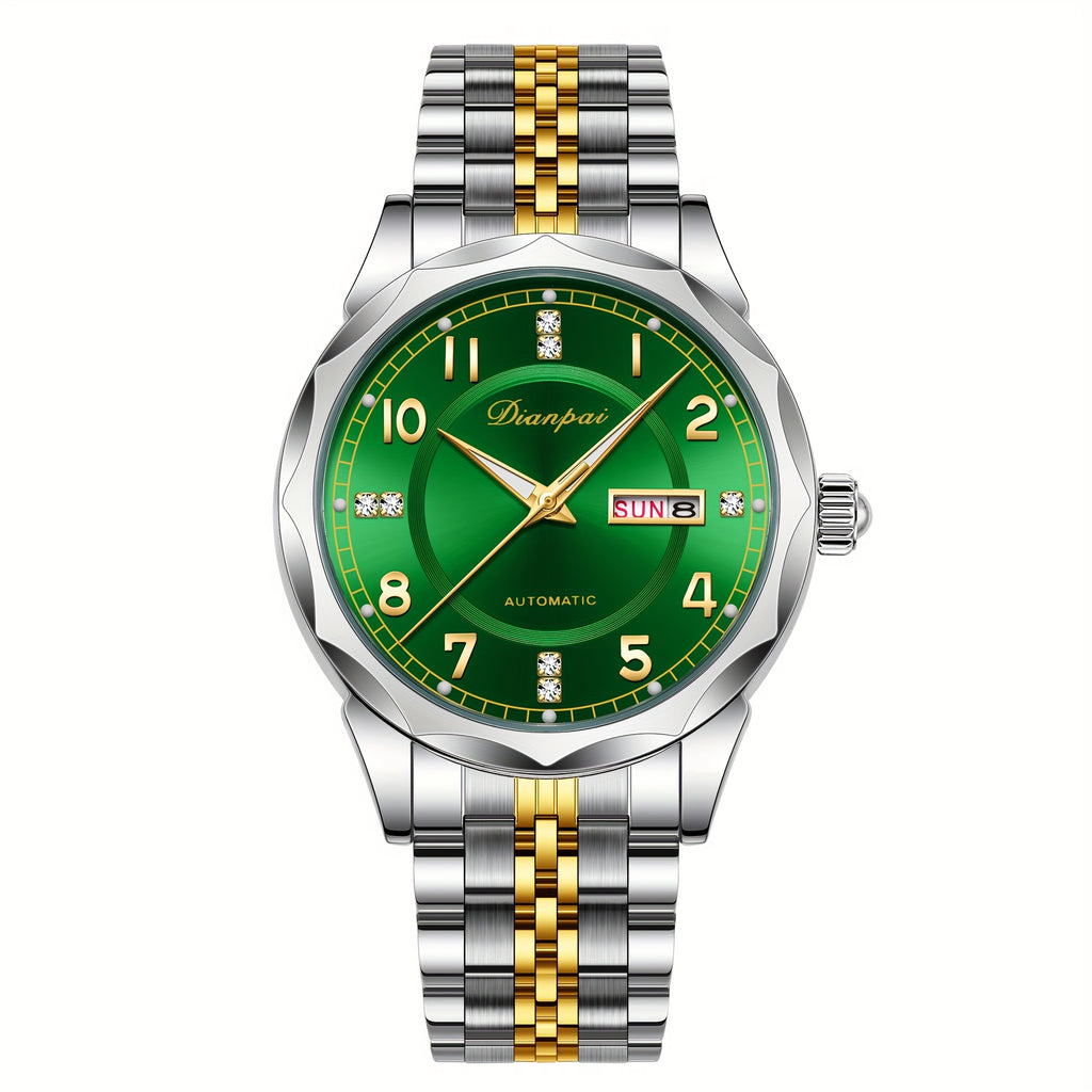Reloj mecánico automático Dianpai para hombre - Acero inoxidable, esfera verde con marcadores dorados, indicador de fecha, pulsera de cadena de muñeca - Reloj de lujo para fiesta y uso casual, no necesita batería, regalo ideal para él, reloj de pulsera ca