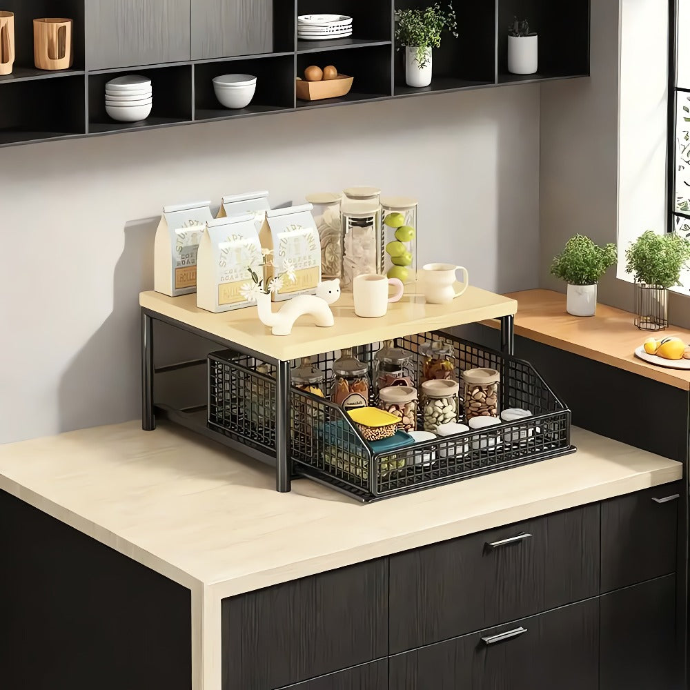 Estante de almacenamiento para cápsulas de café con cajones - Apto para cafeteras, estante deslizante para olla arrocera eléctrica, estante deslizante para microondas, almacenamiento metálico tipo cajón para microondas, almacenamiento y organización de co