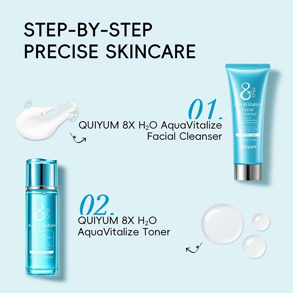 QUIYUM AquaVitalize Set de Cuidado Facial para Mujeres - Dos Juegos de 10 Piezas, Rutina Hidratante y Nutritiva de Día y Noche, con Vitamina C, Glicerina, etc. - Adecuado para Piel Seca, Normal y Mixta - Hipoaergénico - Regalo Perfecto