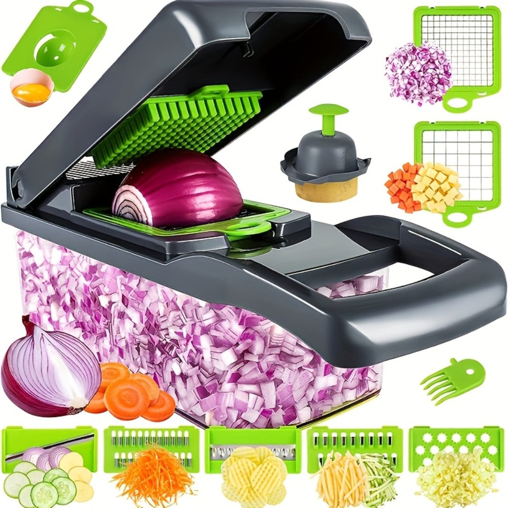 1 Juego de Picadora Manual de Verduras 16 en 1, con 8 Cuchillas, Recipiente, Pelador y Filtro, Fácil para Preparar Comidas, Cortador Profesional de Cebolla, Zanahoria y Ajo, Utensilios de Cocina
