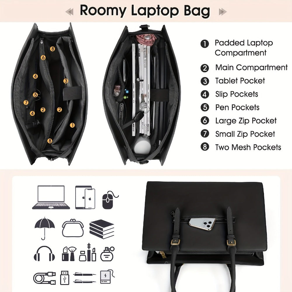 IGOLUMON Bolso de Mano para Mujer, Bolso Tote Grande Negro para Laptops de hasta 39.62 cm, Hecho de Cuero Sintético, Ideal para el Trabajo y la Escuela
