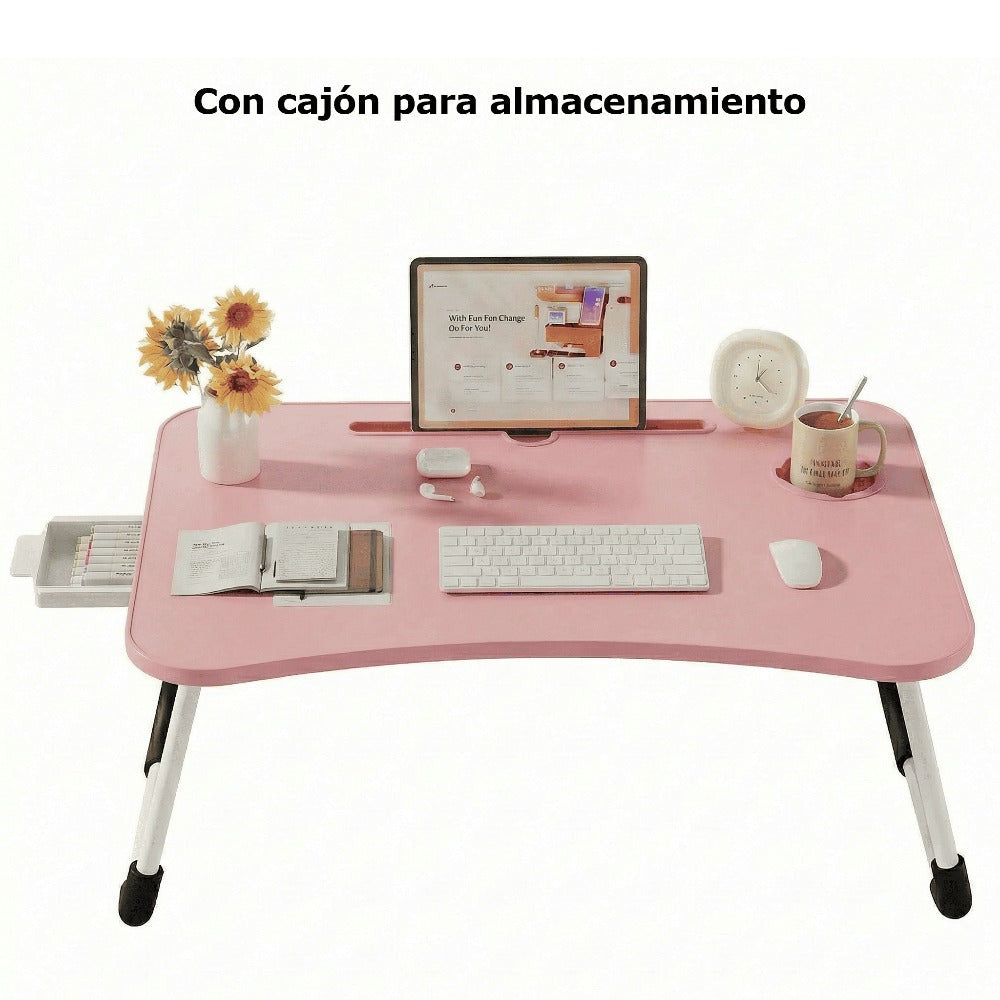 Mesa plegable multifunción para cama y sofá con portavasos, 60×40×28 cm, mesa auxiliar con atril para leer en la cama, bandeja multifunción para ordenador, libros, trabajo y estudio en casa (con cajón / sin cajón)