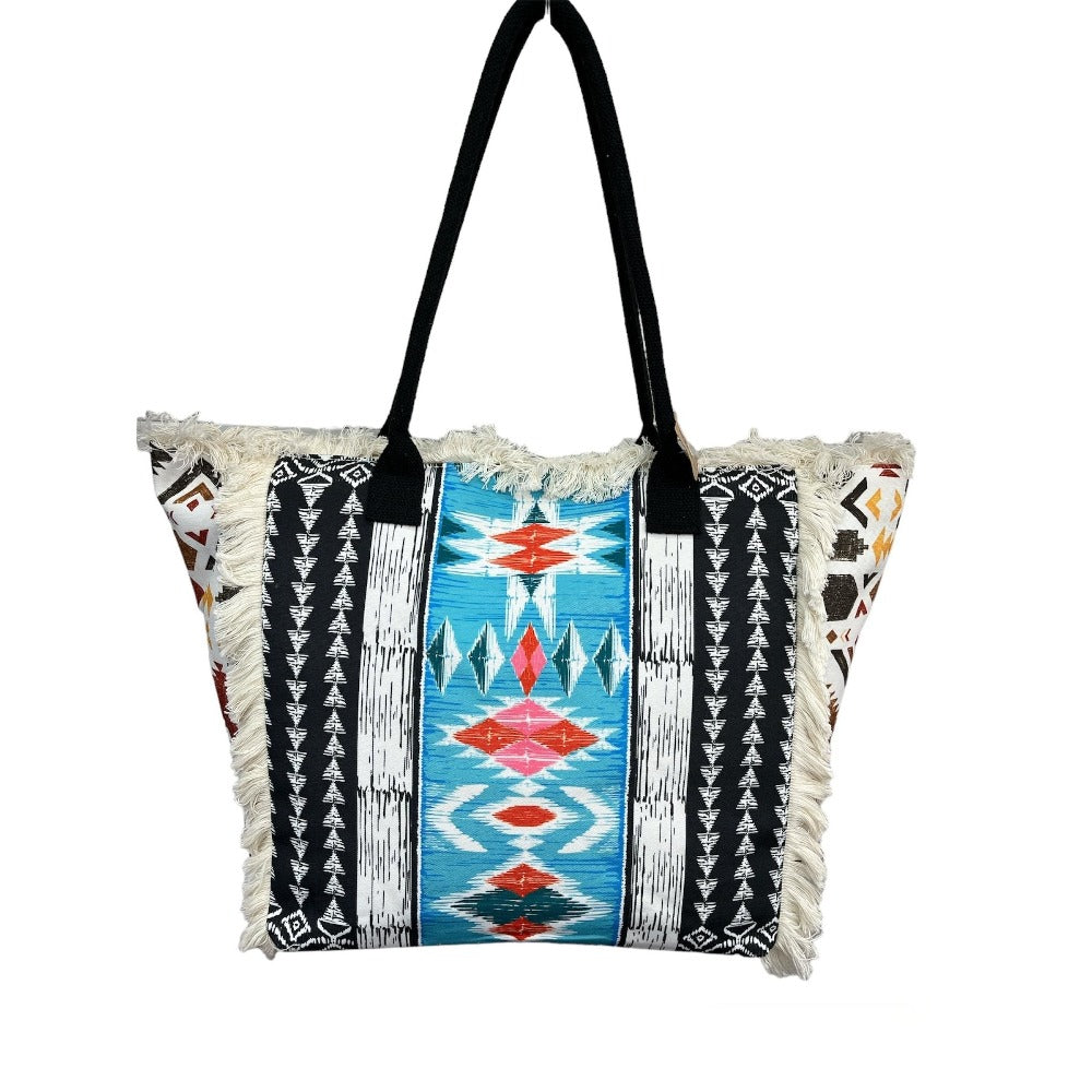 MEJORADA Bolso de playa grande con estampado bohemio, ideal para verano, con flecos de algodón, forro interior y bolsillos, 55×37×19 CM, tejido 100% poliéster