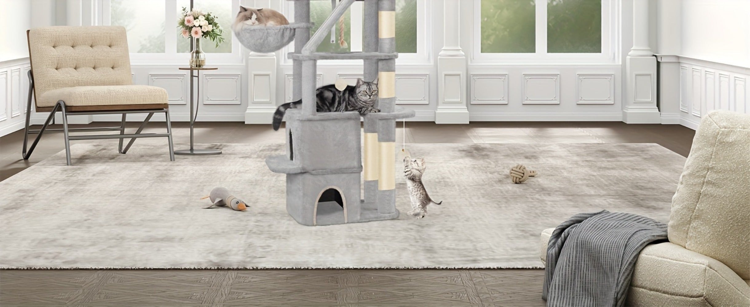 Poste Rascador Grande de 185cm, Torre para Gatos XXL, Árbol para Gato Maine con 7 Niveles y 3 Cuevas, Postes Rascadores, Gris Claro