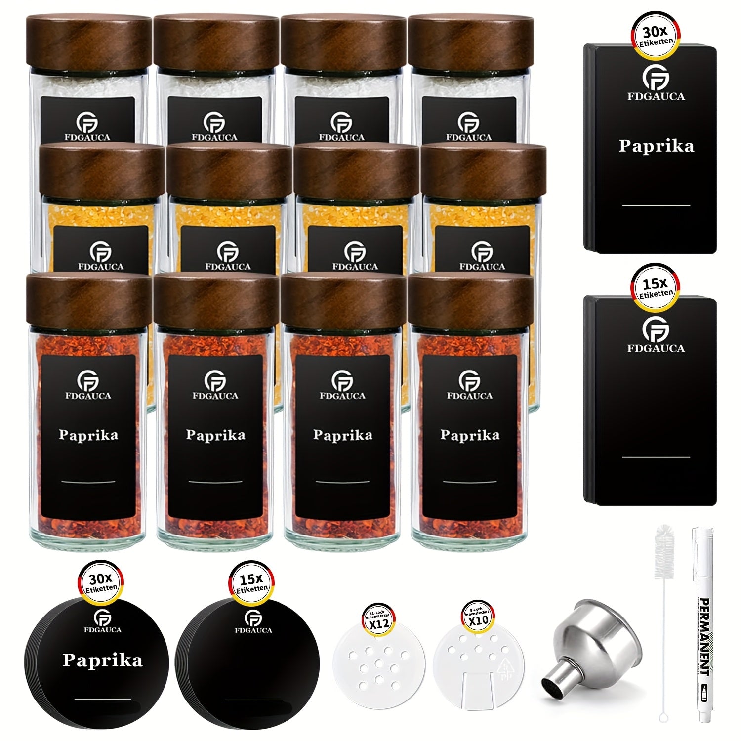 12/24 frascos para especias con tapas de madera de acacia, frascos de vidrio para especias con etiquetas, juego de vasos para especias de 120 ml, frascos redondos fáciles, organizador de especias para cocinas