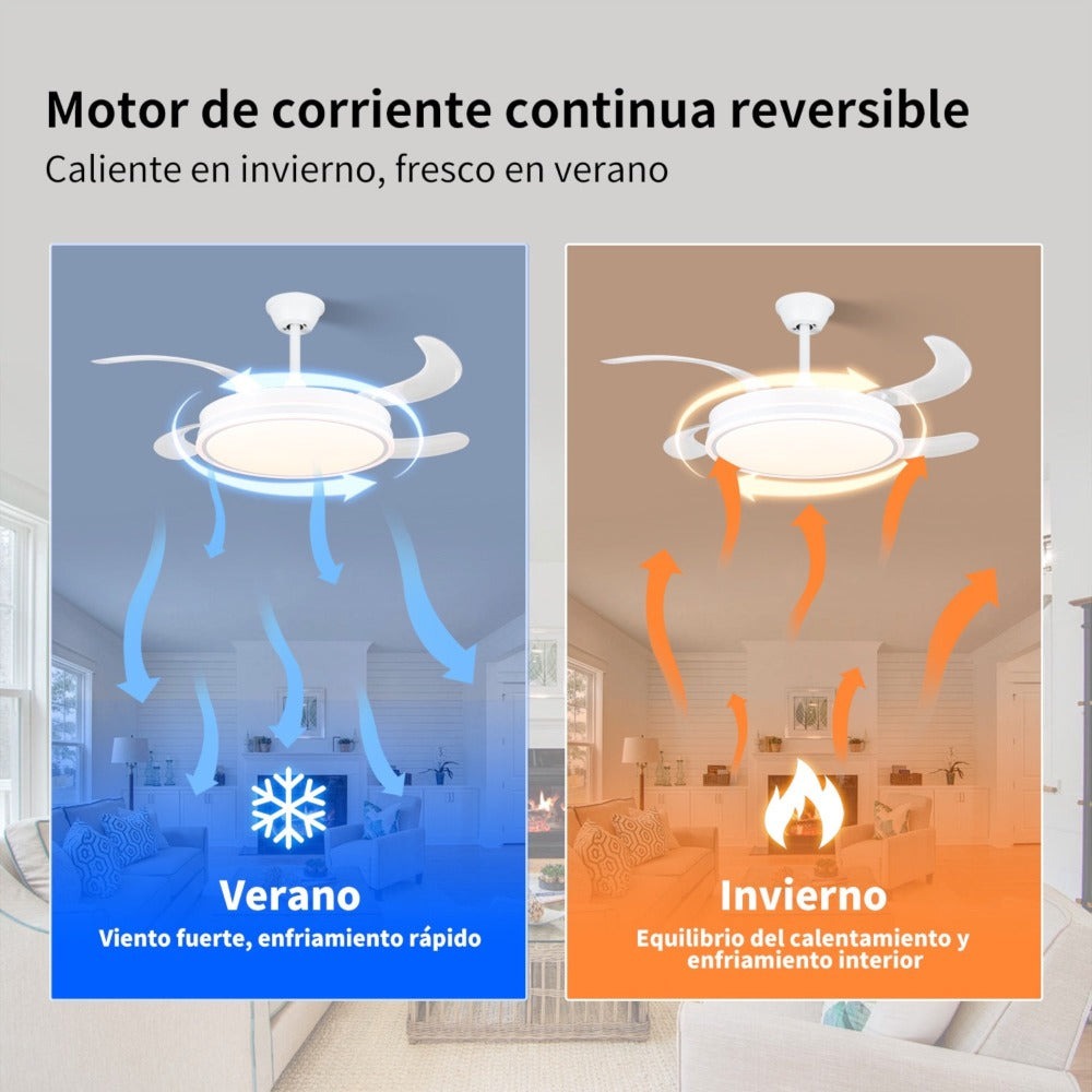 Ventilador de techo con Blanco en 3 Temperaturas de con Mando a Distancia -Motor DC Eficiente y Silencioso, 3 tonalidades, aspas desplegables retráctiles, 6 velocidades, control remoto, memoria, temporizador, silencioso y bajo consumo.