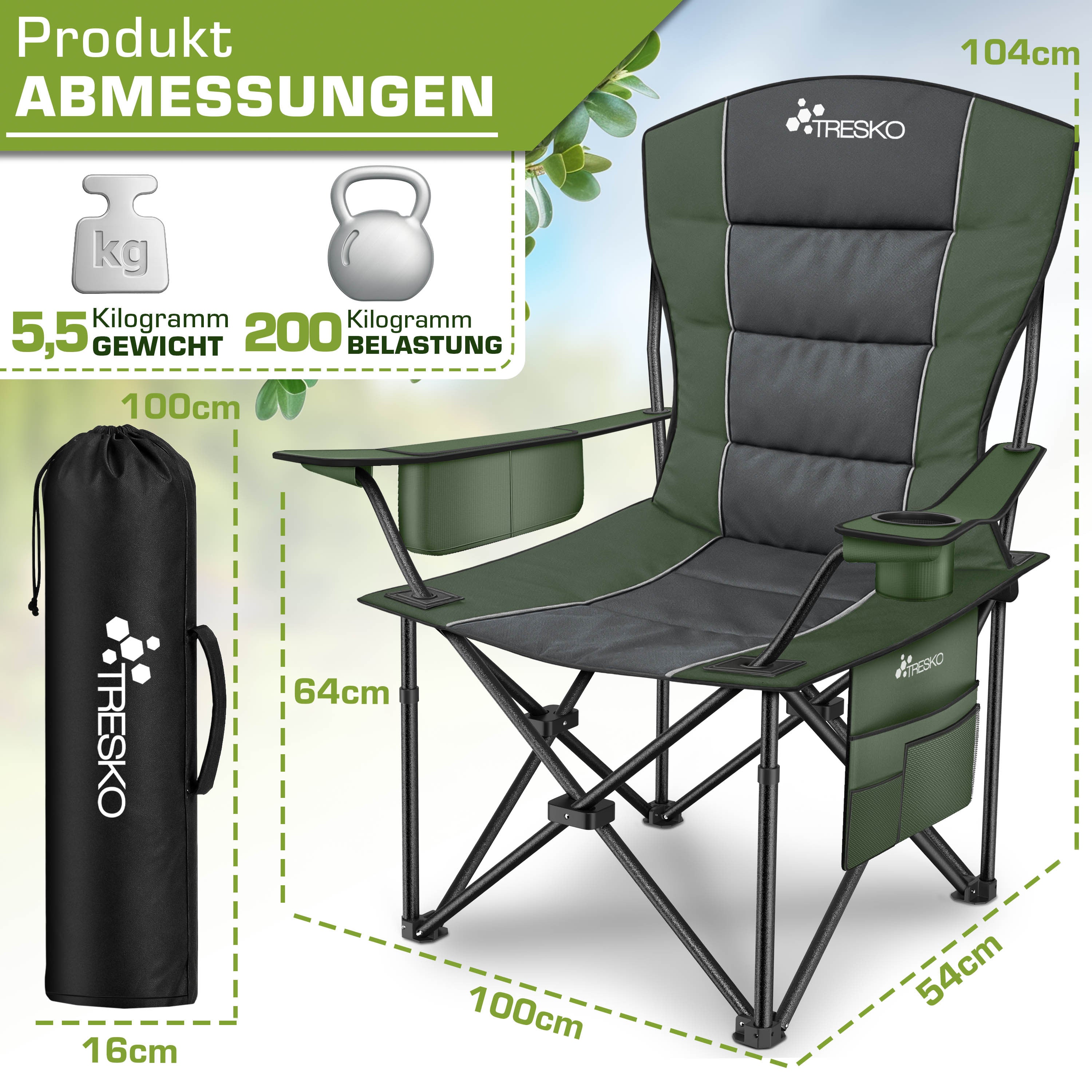 TRESKO® Silla de Camping Plegable hasta 200Kg | Silla Plegable con Bolsa Nevera, Portavasos y Bolsillo Lateral | Silla XXL Plegable Incluye Bolsa de Transporte | Silla de Pesca Acolchada para Exterior, Pesca, Festival y Jardín