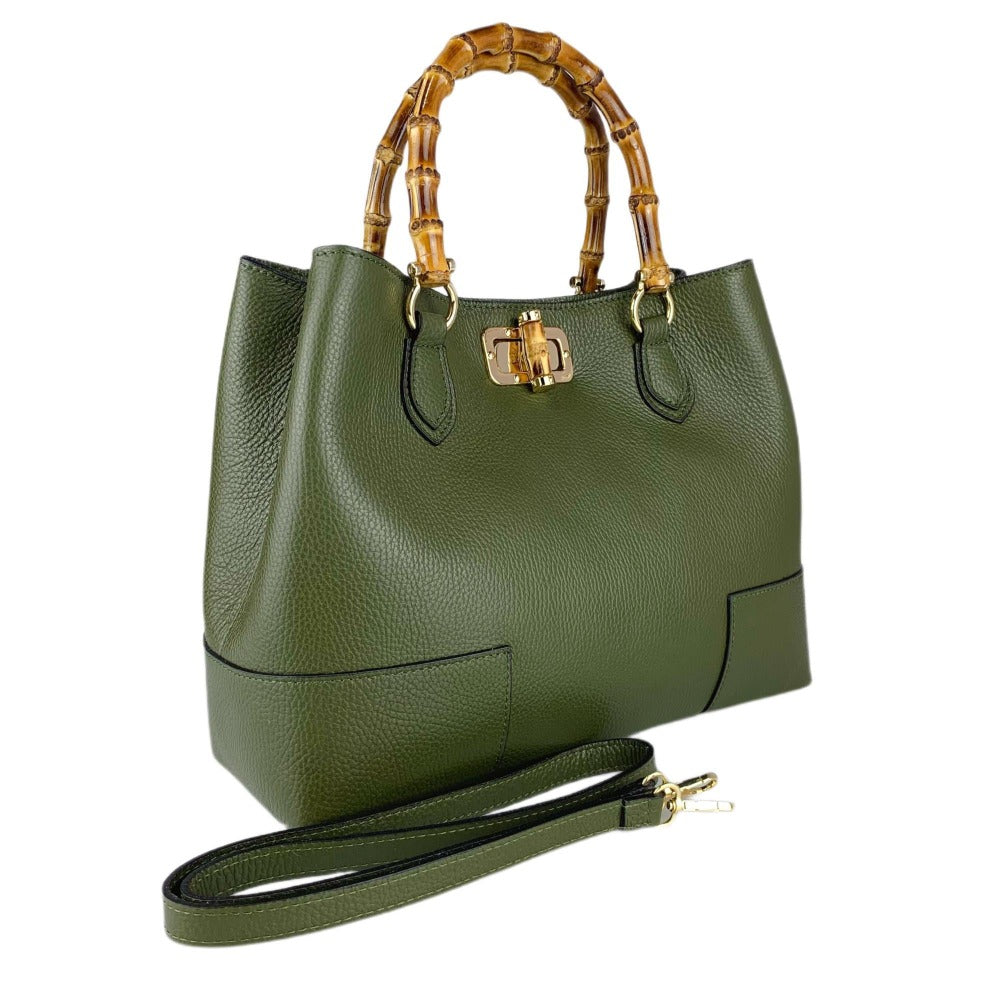 Bolso de cuero real con asas de bambú hecho en Italia, bolso de mujer, bolso de bambú de cuero