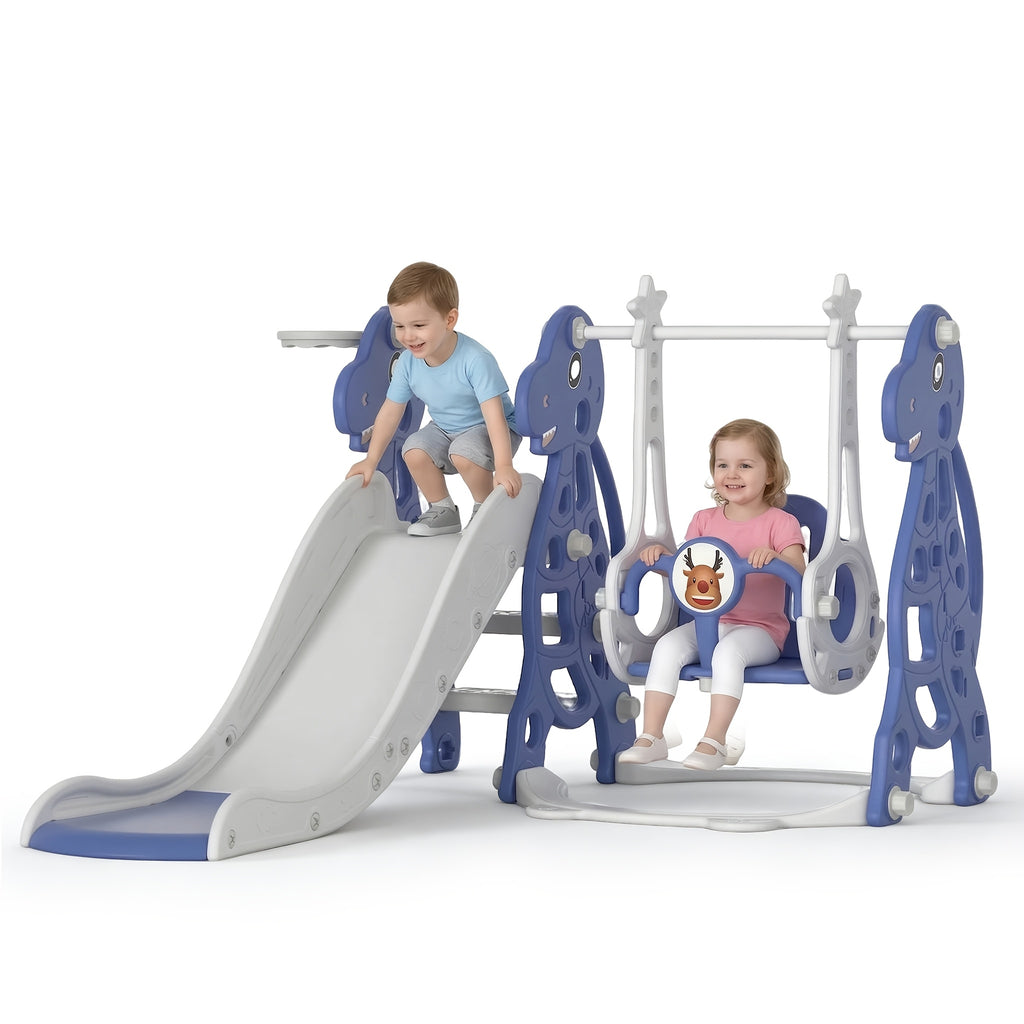 Tobogán infantil 4 en 1, tobogán con columpio y canasta de baloncesto, longitud del tobogán 145 cm, parque infantil multifuncional, para uso en interiores y exteriores, con peldaños y soportes extra anchos
