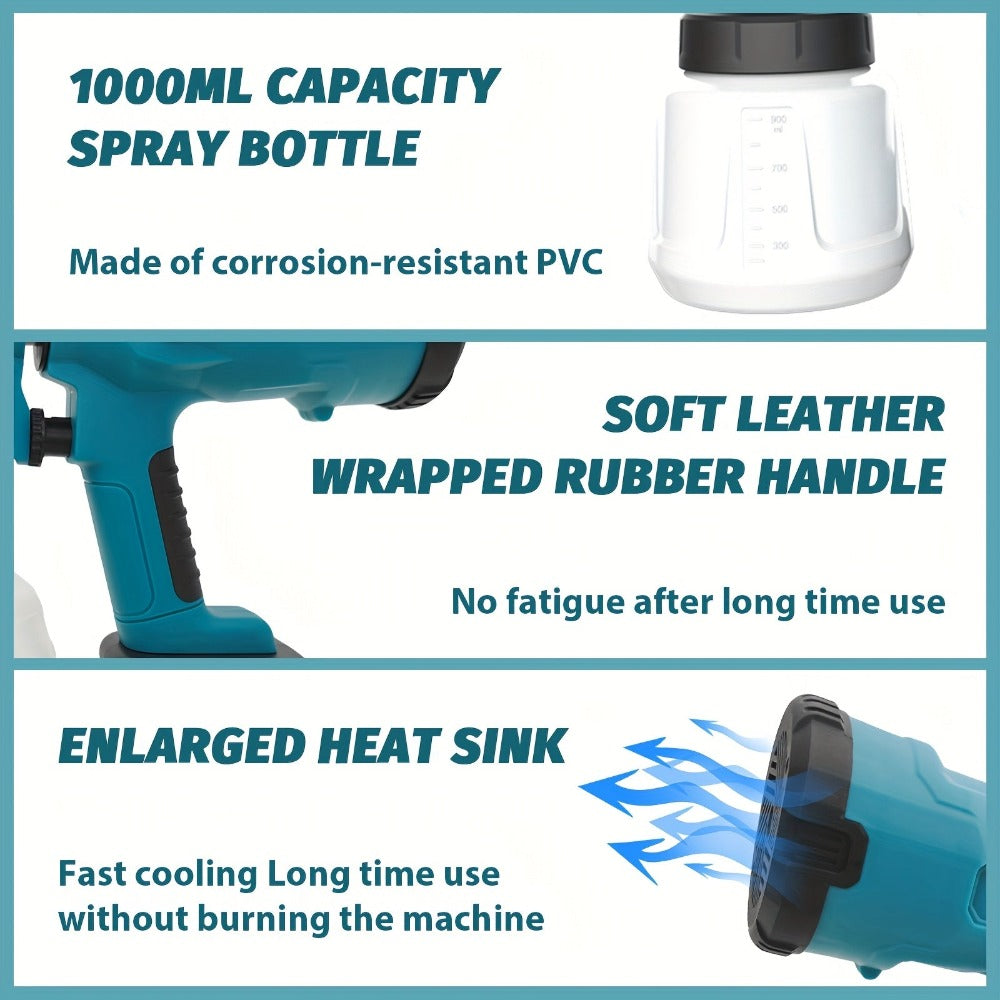 Pistola de pintura inalámbrica de 1000ml con 2 baterías, pistola de pintura HVLP inalámbrica de 300W para batería Makita de 18V, pistola de pulverización eléctrica de batería, 4 boquillas, 3 modos de pulverización para eliminación de óxido en metal, vidri