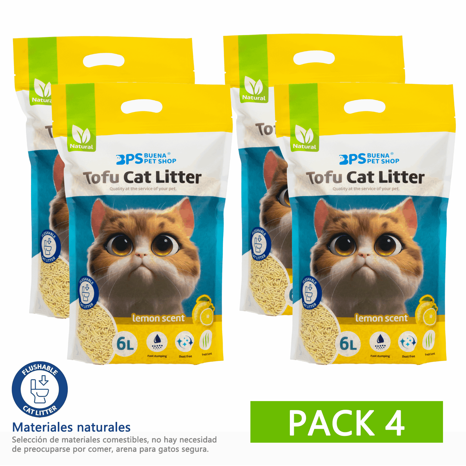 4PCS Arena de Tofu para Gatos aglomera 6L - Sin Polvo Fácil de Aglomerar y Controla Olores -y Segura para Gatitos 2-2.3kg cada bolsa