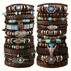 24 Piezas de Pulseras Retro con Cuentas Turquesa y Madera para Hombres y Mujeres - Cuero Sintético Marrón con Colgantes de Estrella y Pluma, Regalo Ideal para Amigos, Eventos Diarios o Campus