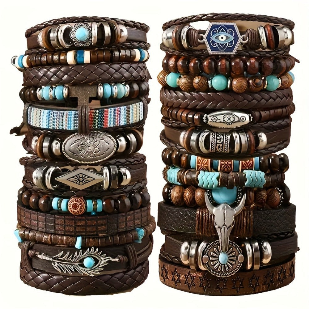 24 Piezas de Pulseras Retro con Cuentas Turquesa y Madera para Hombres y Mujeres - Cuero Sintético Marrón con Colgantes de Estrella y Pluma, Regalo Ideal para Amigos, Eventos Diarios o Campus
