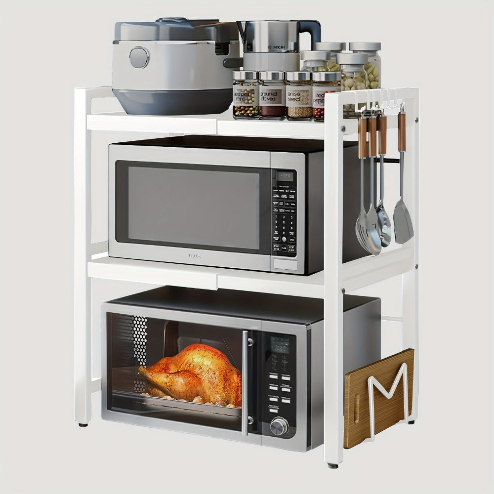 Estante de microondas resistente de 3 niveles ajustable, estante de almacenamiento horizontal para cocina, estante para guardar cubiertos, material de acero al carbono negro mate, equipado con 6 ganchos, artefacto de almacenamiento multifuncional de doble