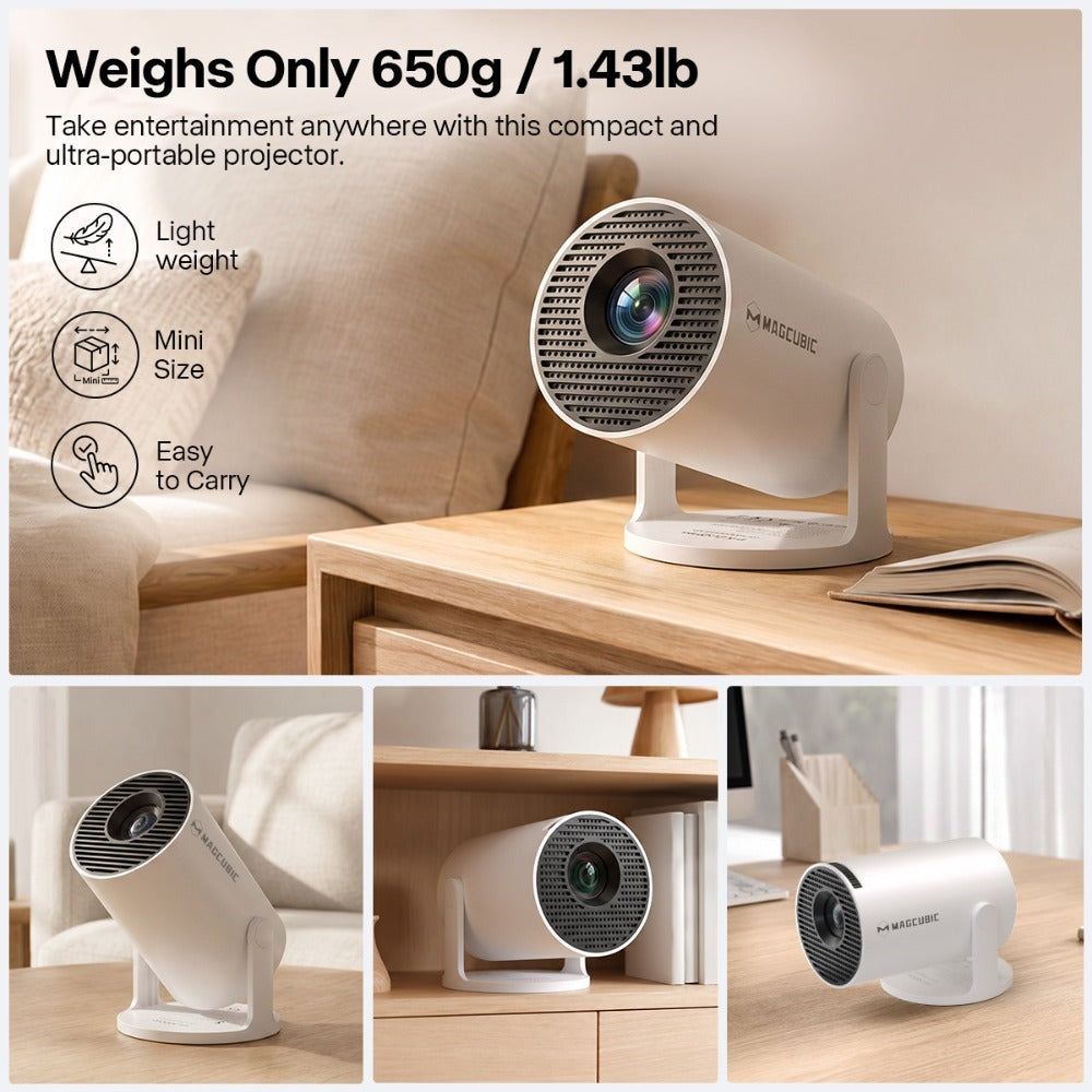 [Proyector Mini Portátil para el Hogar Magcubic HY300Pro] Nativo 720P, Compatible con 8K - 300ANSI - Enfoque Manual y Corrección Trapezoidal - Relación de Proyección 0.9:1 - Android 14 - Almacenamiento de 1GB RAM + 8GB ROM - Mini Proyector de Cine en Casa