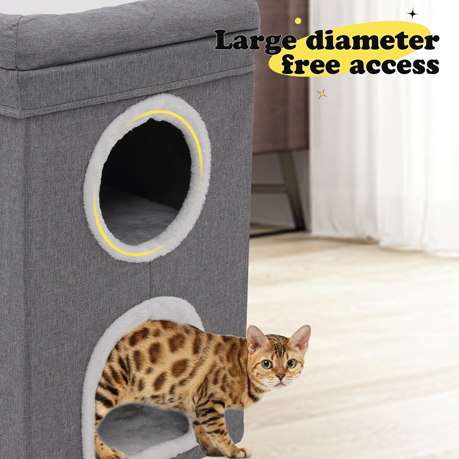 Rascador para gatos | Casa de Árbol para Gatos Moderna y Grande de 2 Pisos con Rascador, Cueva Oculta & Túnel, Mueble Doblable en Formato Caseta