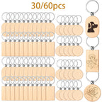 Dofiki Juego de 30/60 Llaveros de Madera, Redondos/Cuadrados/Ovalados, Grabados con Láser, Adecuados para Regalos Hechos a Mano de Bricolaje, Varios Llaveros y Etiquetas para Llaves