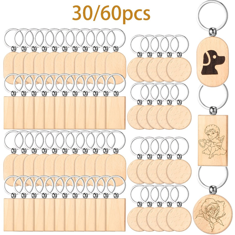 Dofiki Juego de 30/60 Llaveros de Madera, Redondos/Cuadrados/Ovalados, Grabados con Láser, Adecuados para Regalos Hechos a Mano de Bricolaje, Varios Llaveros y Etiquetas para Llaves