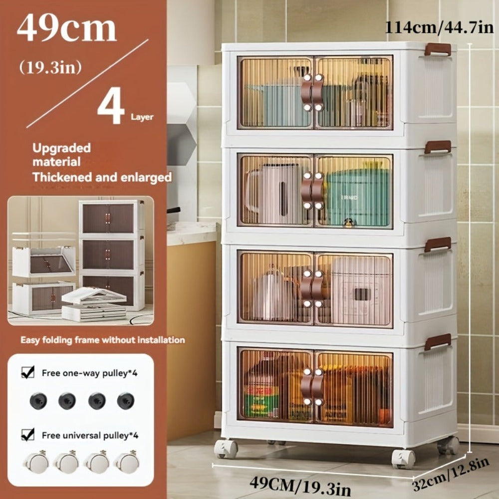 Un juego de cuatro armarios grandes blancos plegables con tapas y ruedas, perfectos para ahorrar espacio en armarios para ropa, ropa de cama, snacks y juguetes - Organizadores duraderos, ideales para dormitorios y salas de juegos