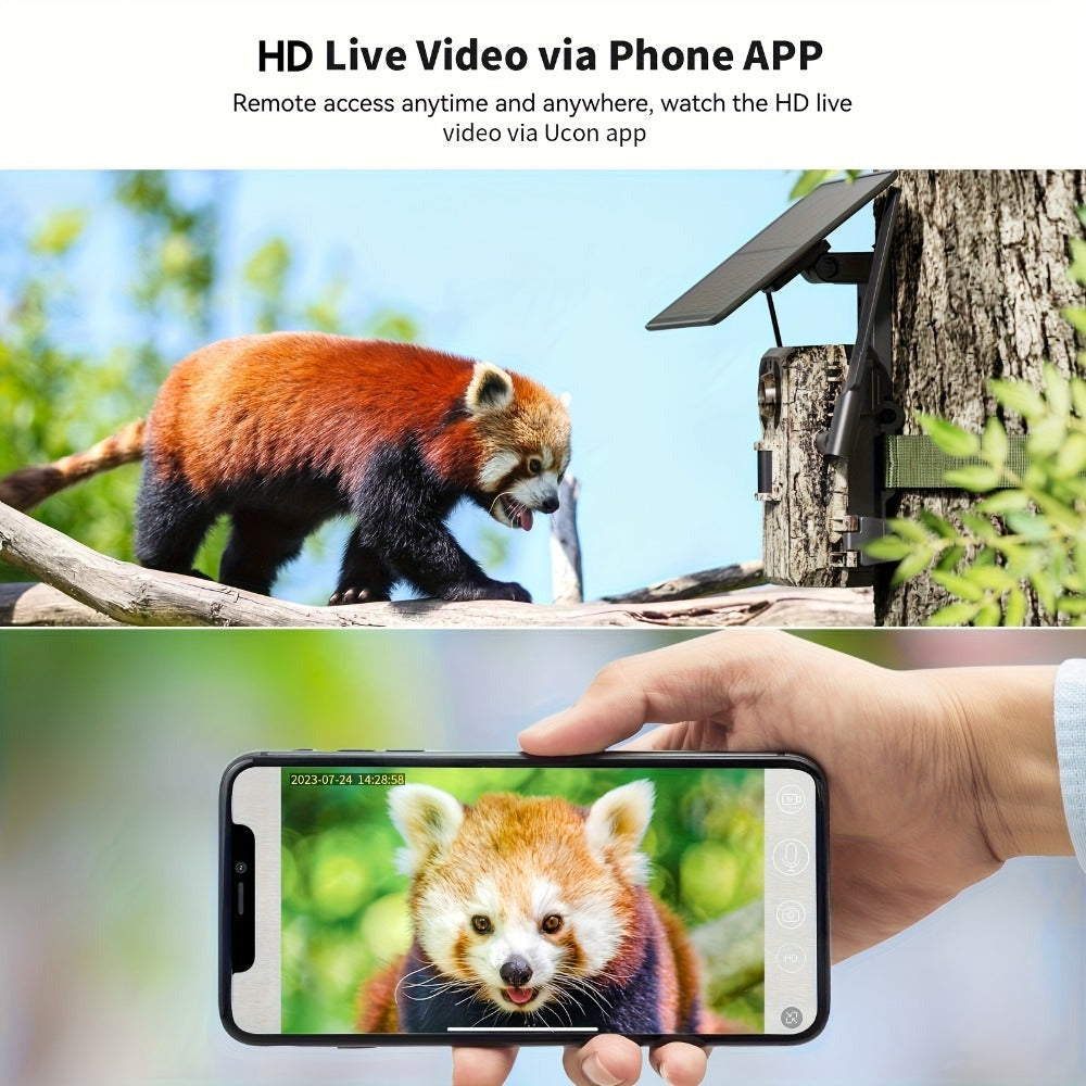Cámara de Senderismo 4G LTE con Tarjeta SIM - Carga Solar / Alarma Extrema de 0.2s + Visión Nocturna Sin Luz, Acceso Remoto y Reproducción por Teléfono, Monitoreo 24/7, No Requiere Wi-Fi