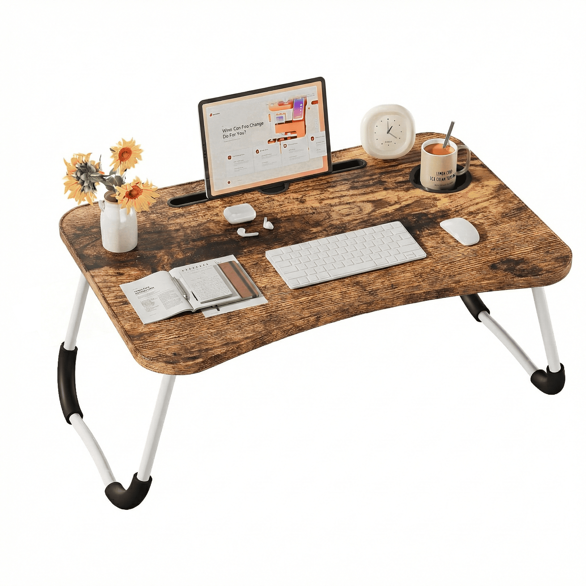 Mesa plegable multifunción para cama y sofá con portavasos, 60×40×28 cm, mesa auxiliar con atril para leer en la cama, bandeja multifunción para ordenador, libros, trabajo y estudio en casa (con cajón / sin cajón)