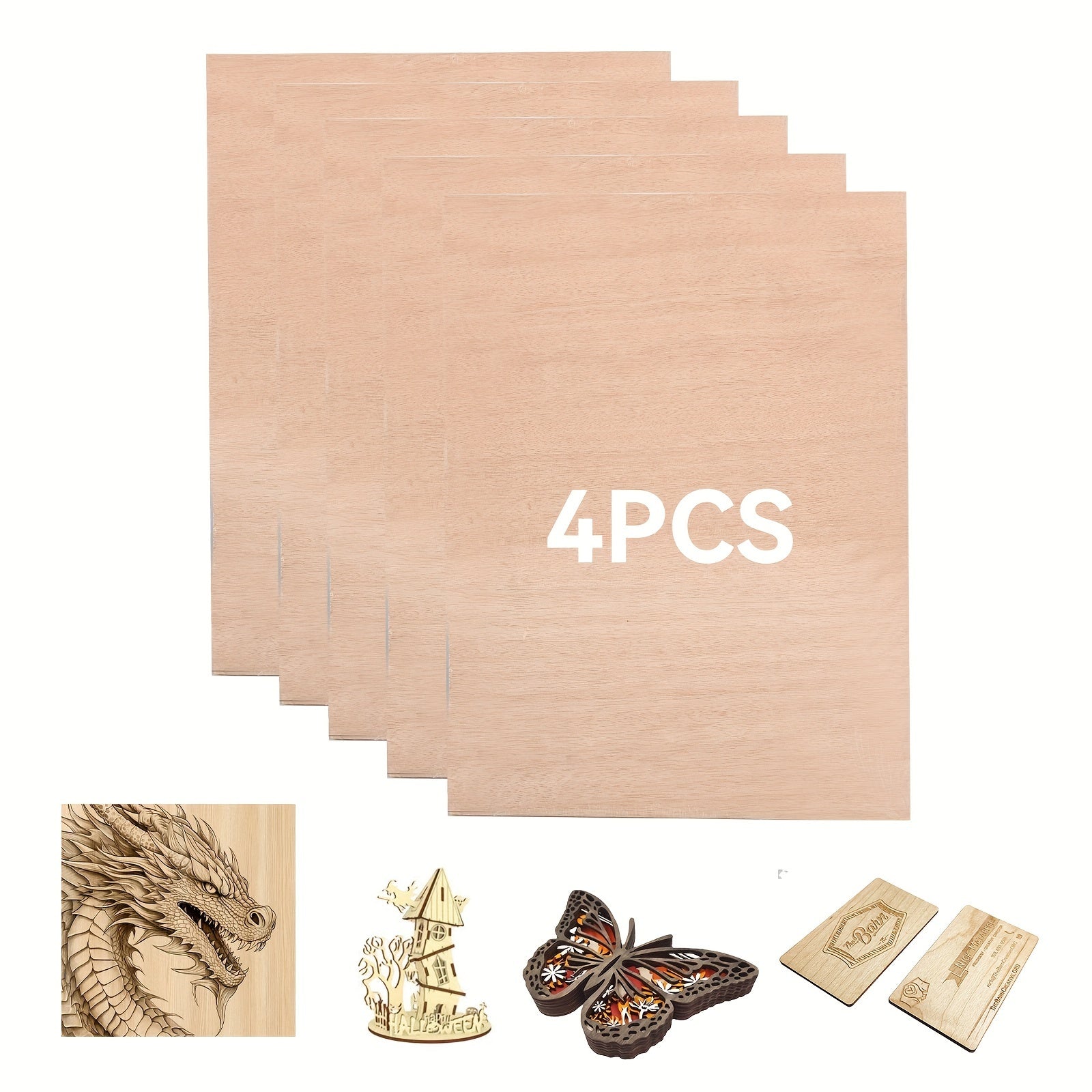 4 Paquetes de Láminas de Contrachapado de Madera Natural Cortadas con Láser - Compatibles Pre-Probadas para Corte CNC, Pintura y Manualidades DIY con Cara de Grano Natural, Tamaño A4 (29.97cm x 21.49cm) Tablero de Manualidades Cortado con Láser Adecuado p