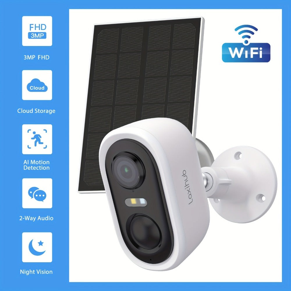 Cámara de seguridad inalámbrica con panel solar para exteriores LaxiHub, visión nocturna FHD de 3MP, foco, batería sin cables de 5200mAh, detección humana PIR, audio bidireccional, almacenamiento en tarjeta SD/nube, cámara de visión nocturna a color, cáma