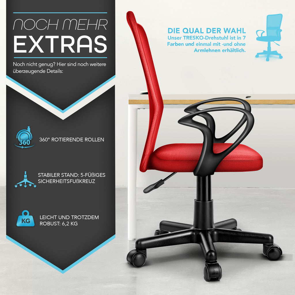 Silla de Oficina TRESKO® con Reposabrazos, Altura Ajustable Continua | Silla Giratoria de Malla Transpirable | Silla de Escritorio con Ruedas de Plástico Ligeras, Superficie Acolchada, Ajuste Ergonómico | Silla de Ordenador Ideal para Oficina en Casa, Hab