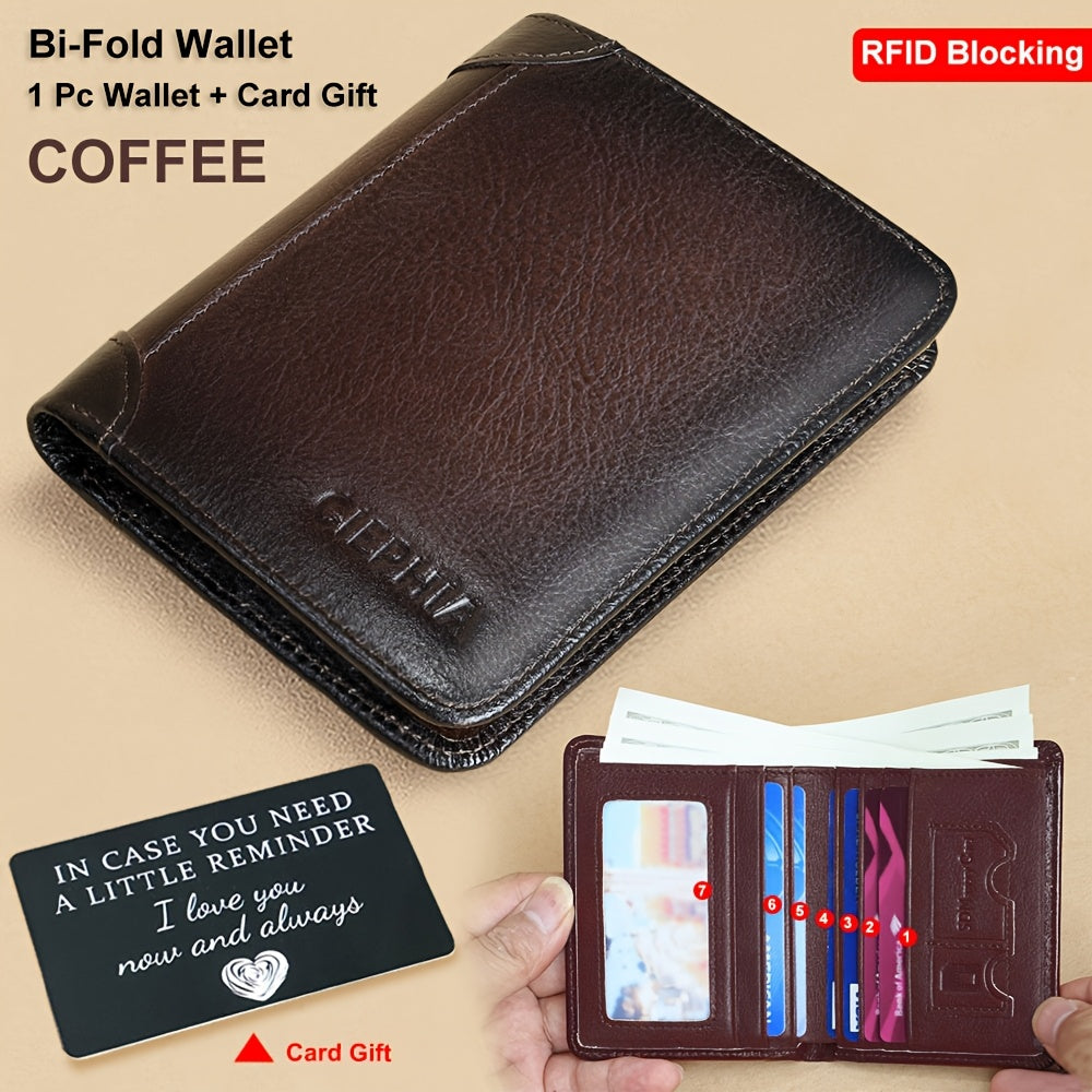 Cartera de Cuero Genuino para Hombre con Juego de Tarjetas de Bendición, Bloqueo RFID, Ultra Delgada, Piel de Vaca de Primera Calidad, Porta Tarjetas de Identificación y Crédito Multifuncional Compacto, Regalo para Navidad, Día de San Valentín y Día del P