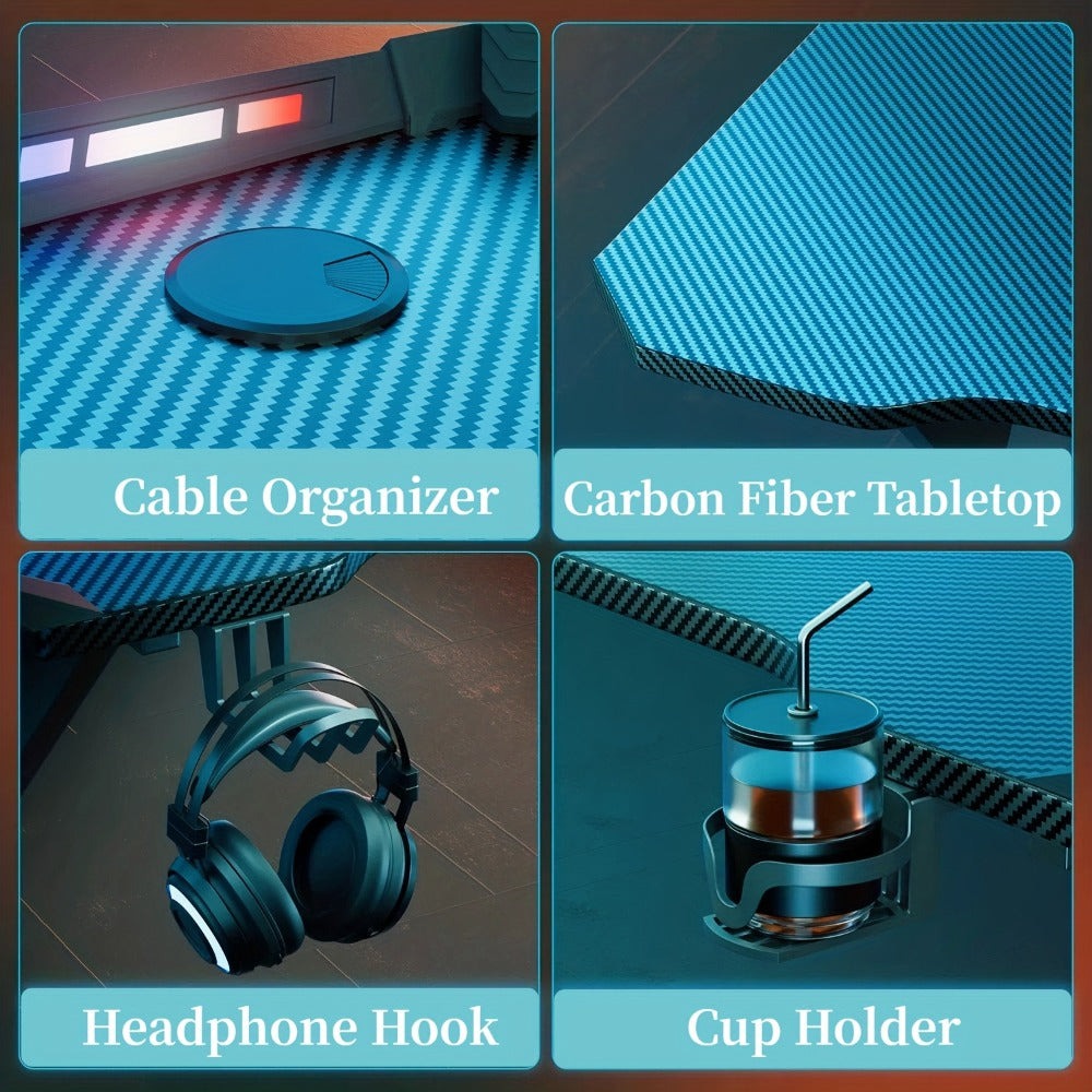 Escritorios de oficina y estaciones de trabajo para computadora con luces LED, escritorio ergonómico para gaming con superficie de fibra de carbono, estación de trabajo robusta para PC para hogar/oficina con gancho para auriculares, portavasos,
