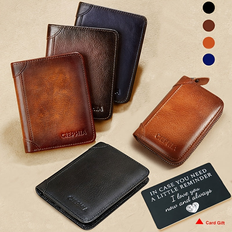 Cartera de Cuero Genuino para Hombre con Juego de Tarjetas de Bendición, Bloqueo RFID, Ultra Delgada, Piel de Vaca de Primera Calidad, Porta Tarjetas de Identificación y Crédito Multifuncional Compacto, Regalo para Navidad, Día de San Valentín y Día del P