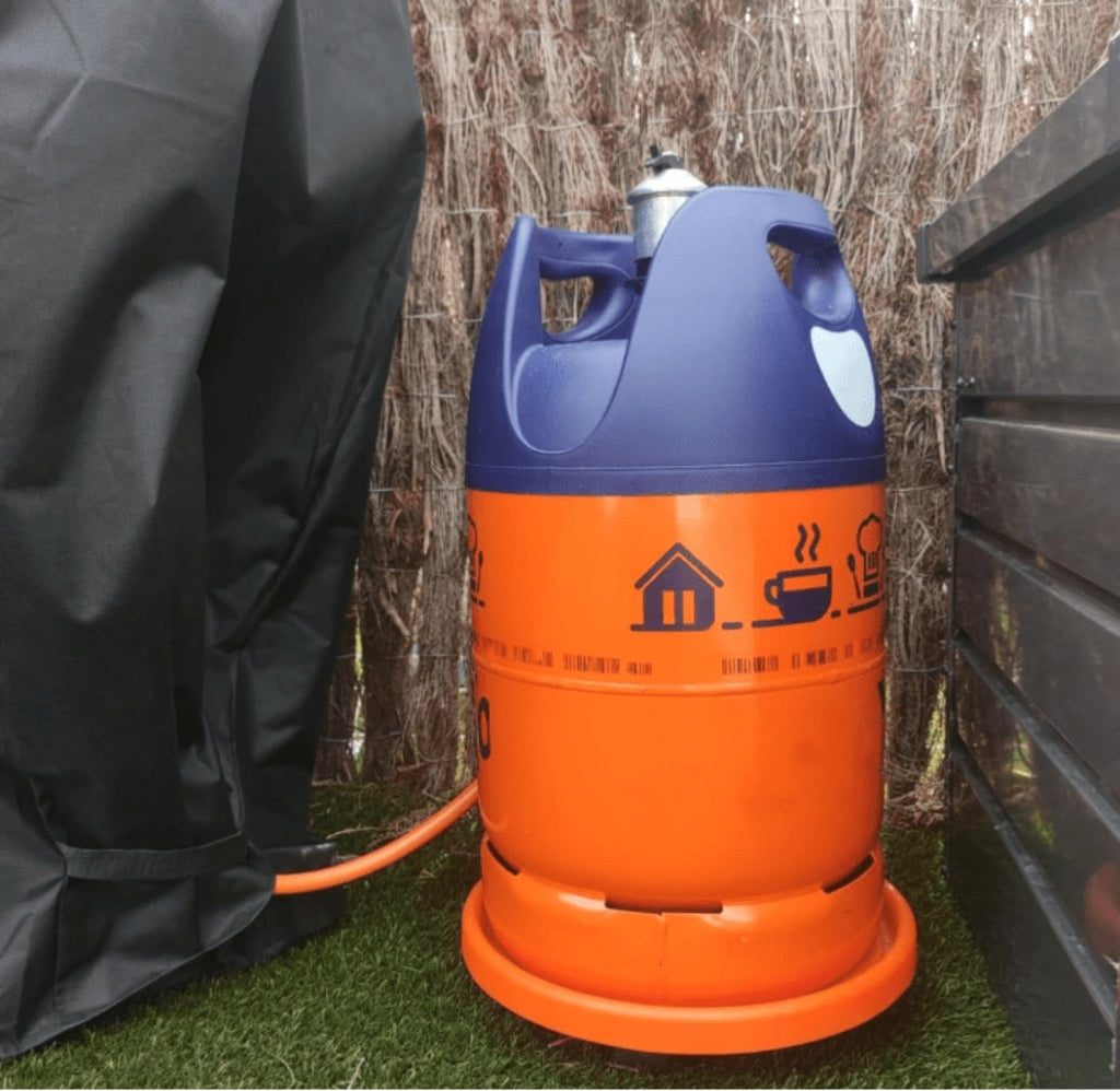 Soporte para bombona butano, Portabombonas, Carro Porta bombona Gas, Portamacetas, Plástico, Incluye 4 Ruedas, 33,5 cm de diámetro y 7,5 cm de Alto, Naranja