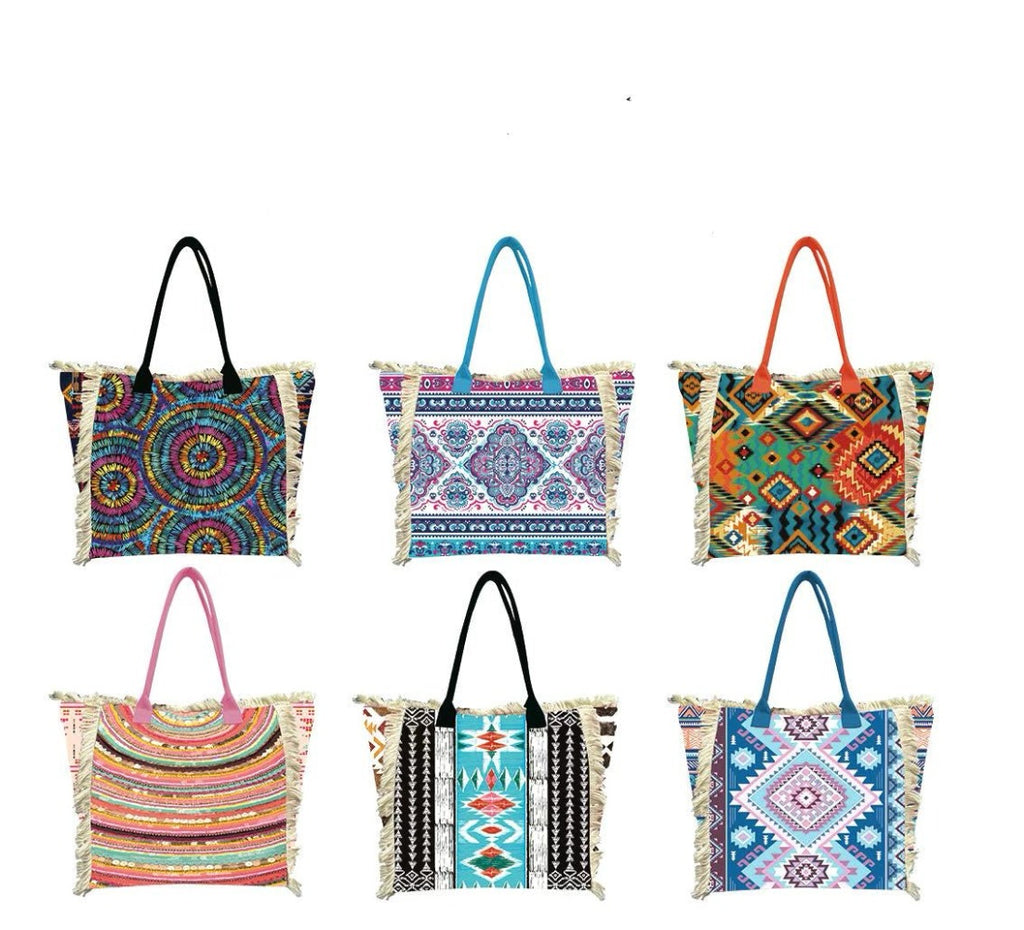 MEJORADA Bolso de playa grande con estampado bohemio, ideal para verano, con flecos de algodón, forro interior y bolsillos, 55×37×19 CM, tejido 100% poliéster